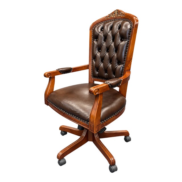 Ornate Carved Walnut Wood & Tufted Brown Genuine Leather Executive Office Chair For Sale
