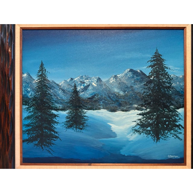 1970s 1976 Signed Winter Mountain Landscape Painting in Rustic Wood Frame For Sale - Image 5 of 11