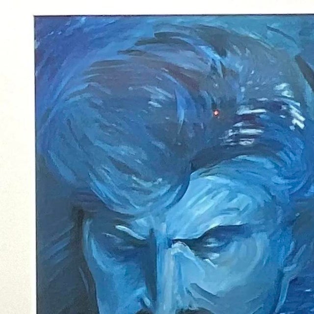 Vintage Signed Blue Expressionist Male Portrait Oil Painting For Sale - Image 12 of 15
