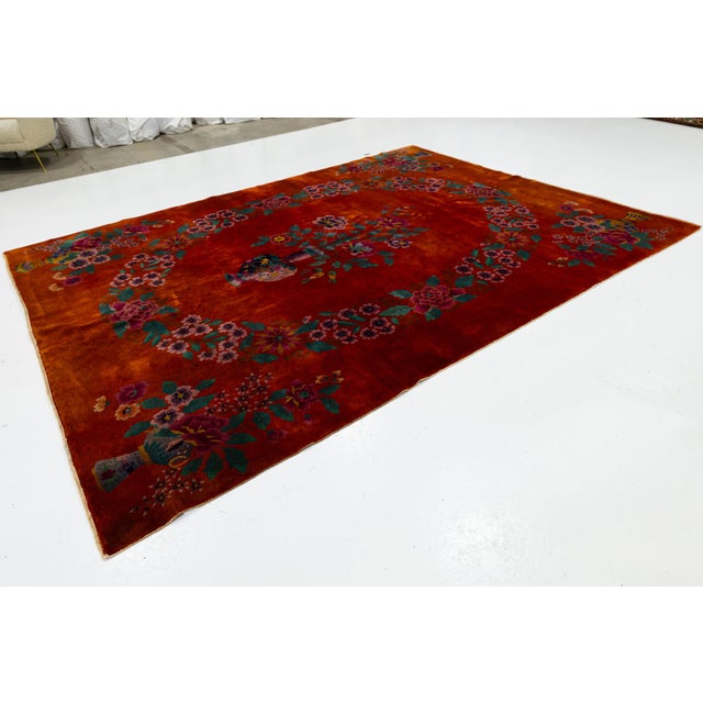 Art Deco Red Antique Art Deco Handmade Chinese Floral Pattern Wool Rug For Sale - Image 3 of 11