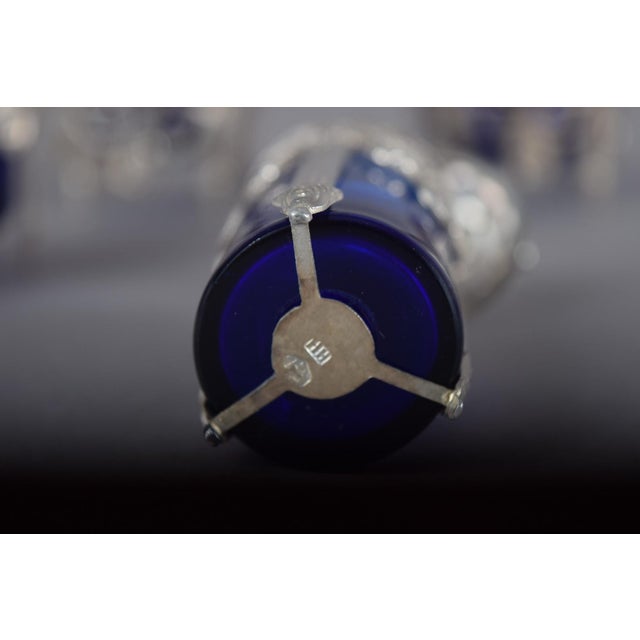 Antique Louis XVI Style Silver and Cobalt Blue Glass Condiment and Cruet Set with Spoons, 1990s, Set of 7 For Sale - Image 3 of 16