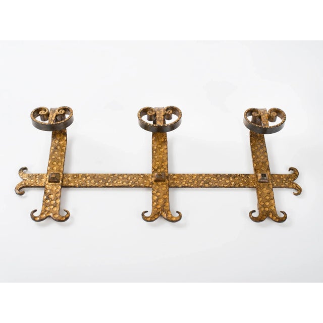 1960s Spanish Brutalist Ferro Art Gilt Wrought Iron Wall-Mounted Coat Rack For Sale - Image 6 of 9