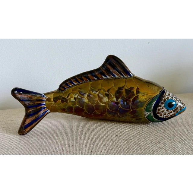 Brass Oversized Sergio Bustamante Style Braas Hand Painted Ceramic Koi Fish Table Sculpture For Sale - Image 8 of 9
