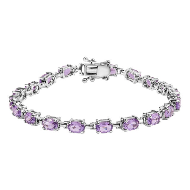 .925 Sterling Silver 8 1/2 Cttw Oval Shaped Purple Amethyst Link Bracelet - 7" Inches For Sale