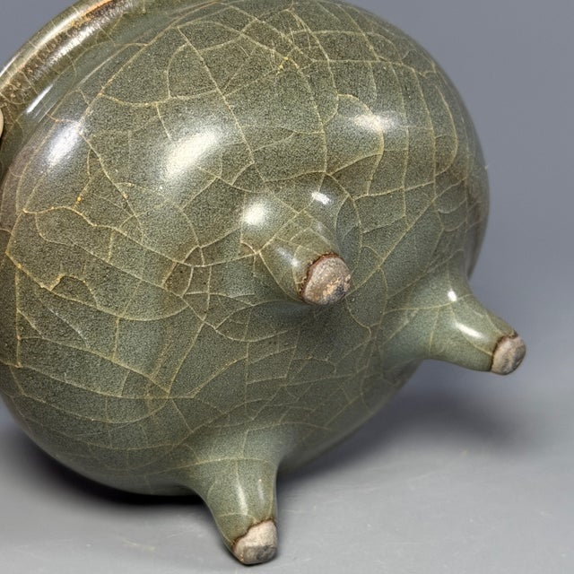 15th Century & Earlier Antique Chinese Celadon Crackle Glaze Tripod Censer, Collectible Ceramic For Sale - Image 5 of 8