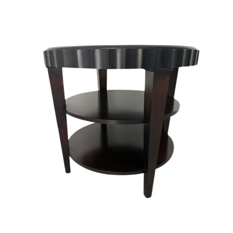 Art Deco three tier table in dark wood with fluted detail and custom cut glass top