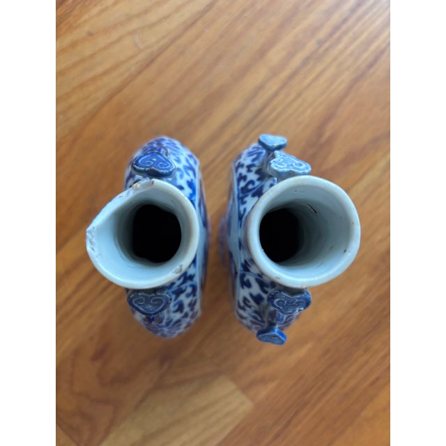 Ceramic Late 19th Century Qing Dynasty Chinese Blue & White Porcelain Miniature Moon Flask Vases - Pair For Sale - Image 7 of 10