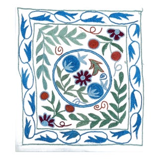 Colorful Silk Suzani Cushion Cover, Uzbek Hand Embroidery Toss Pillow. 16"x18" For Sale