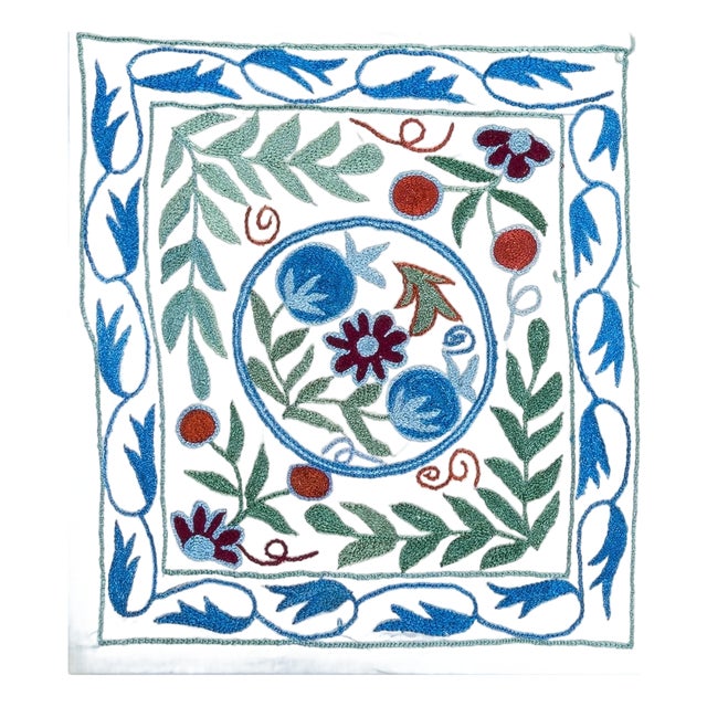 Colorful Silk Suzani Cushion Cover, Uzbek Hand Embroidery Toss Pillow. 16"x18" For Sale