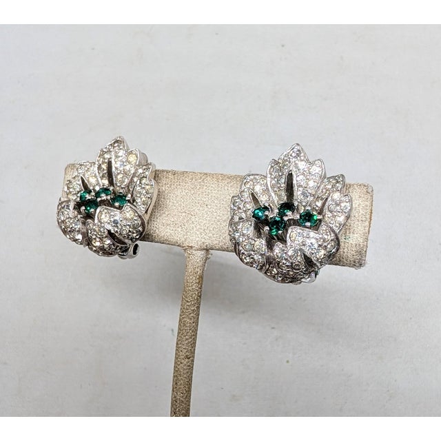 1950s Vintage 1950s Signed Jomaz Pavé Clear Rhinestone & Faux-Sapphire Flower Clip Earrings-2 Pieces For Sale - Image 5 of 8