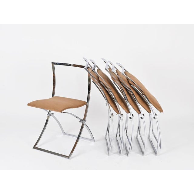 Luisa Folding Chairs in Chrome and Suede attributed to Marcello Cuneo, Italy, 1970s, Set of 6 For Sale - Image 6 of 17