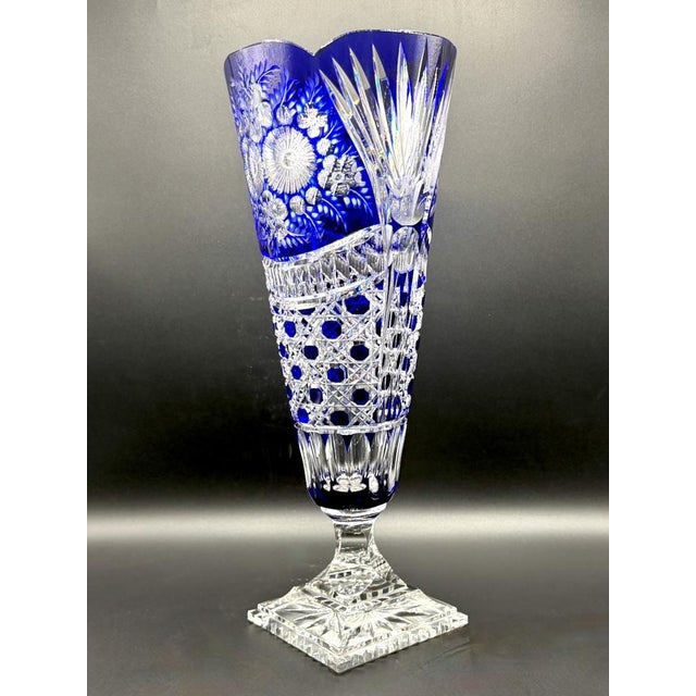 Vintage Crystal Cobalt Blue Overlay Cut Crystal Vase from Meissen, 1960s For Sale - Image 15 of 18