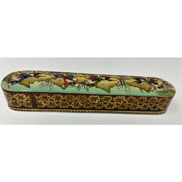 Khatam Marquetry Qalamdan Pen Box With Hand-Painted Equestrian Miniature 1940s For Sale In Palm Springs - Image 6 of 13