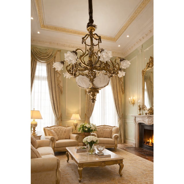 19th C French Louis XVI Gilt Bronze Milk Glass Chandelier For Sale - Image 4 of 16