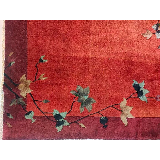 1920s Ruby Red Floral Antique Chinese Art Deco Rug 5' X 6'9" Knotted Pile Wool Carpet For Sale In New York - Image 6 of 9