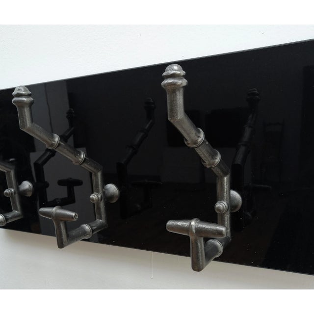 Antique Cast Iron & Faux Bamboo Wall Hooks Hangers on New Black Wooden Support For Sale - Image 3 of 9