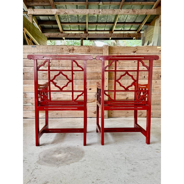 Pair of Early 21st Century Red Lacquered Chinoiserie Armchairs For Sale - Image 4 of 12