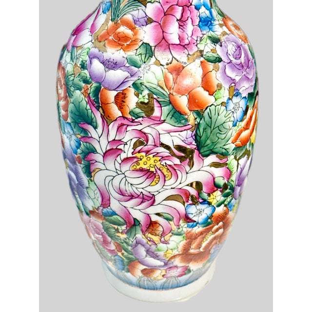 Ceramic 1930's Large Famille Rose Chinese Millefleurs Vase - 16 Inches For Sale - Image 7 of 11