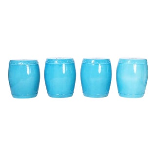 Terra Cotta Garden Seats With a Blue Glaze - Set of 4 For Sale