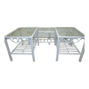 1980s Bamboo Rattan Coffee Table and Two End Table Glass Top White Set 3