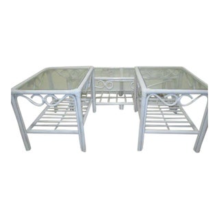 Coastal Bamboo Rattan White Coffee Table With Two End Table Glass Top Set of 3 For Sale