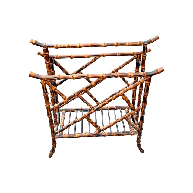 1970s Vintage Faux Burnt Bamboo Chinoiserie Style Magazine Rack Modern Design For Sale - Image 5 of 6