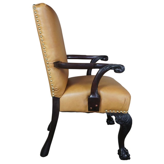 English Antique 19th C English Chippendale Arm Chair Carved Mahogany Leather Ball Claw For Sale - Image 3 of 13