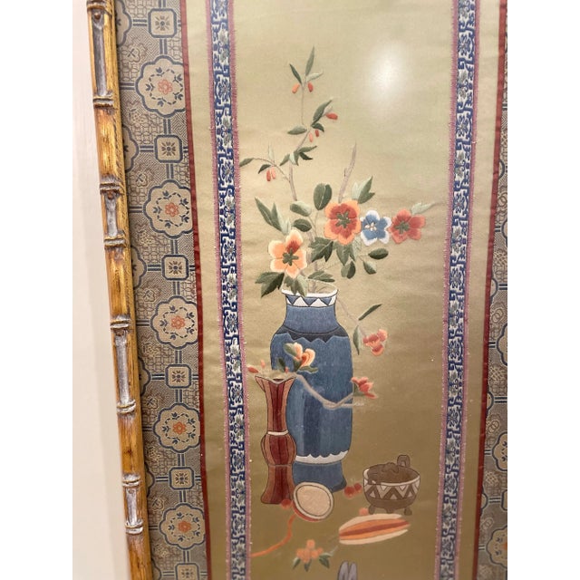 Textile Large Mid 20th Century Chinese Asian Silk Flowers Embroidery Panel in Gold Bamboo Frame For Sale - Image 7 of 9