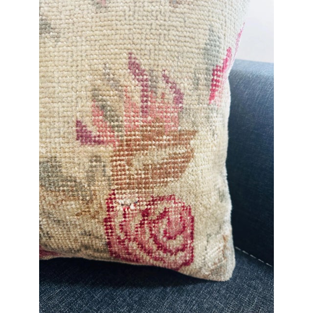 Vintage Turkish Rug Pillow Cover, Handwoven Wool Isparta Floral Cushion, One of a Kind Boho Pillow, 16x16 In For Sale - Image 10 of 11