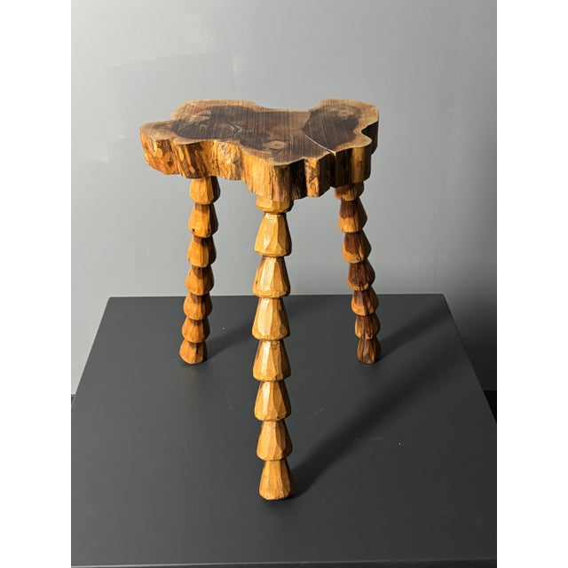 Mid-Century Brutalist French Artisanal Handmade Wood Turned Tripod Stool, 1960s For Sale - Image 10 of 17