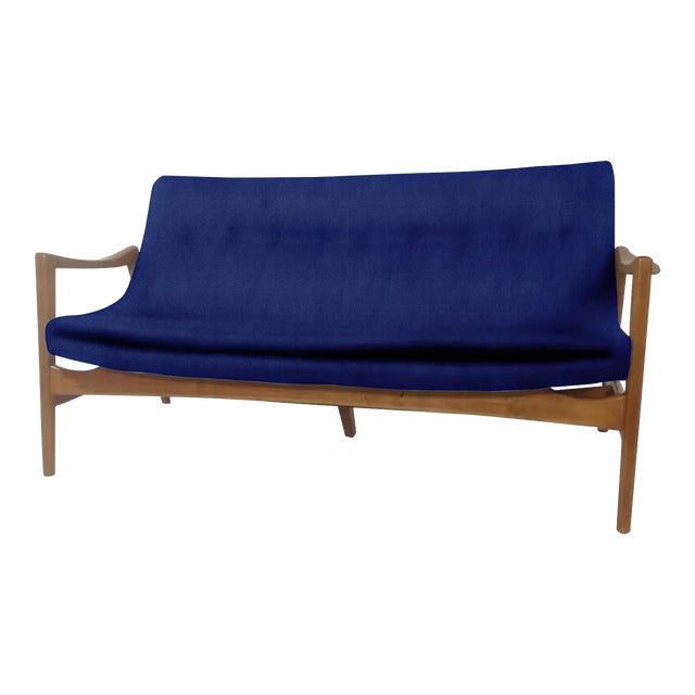 Mid Century Modern Style Sofa in Blue Boulce For Sale