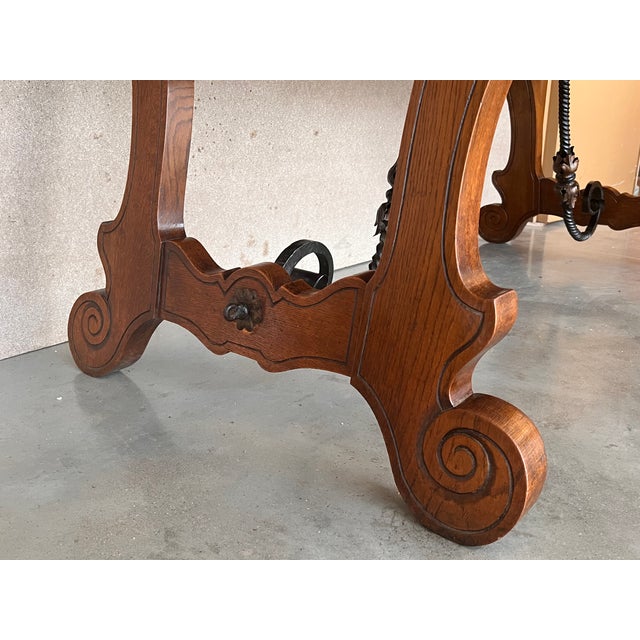 20th Century Spanish Oak Lyre Legs Trestle Dining Farm Table For Sale - Image 11 of 12