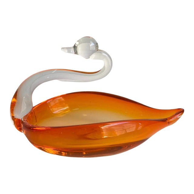 Vintage Orange Art Glass Bird Swan Dish For Sale