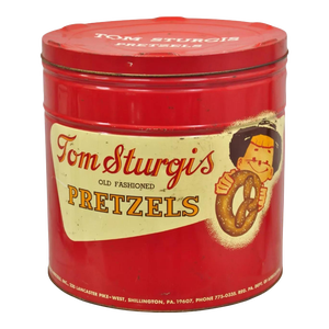 Vintage Tom Sturgis Pretzels Large Tin Metal Red Advertising Can
