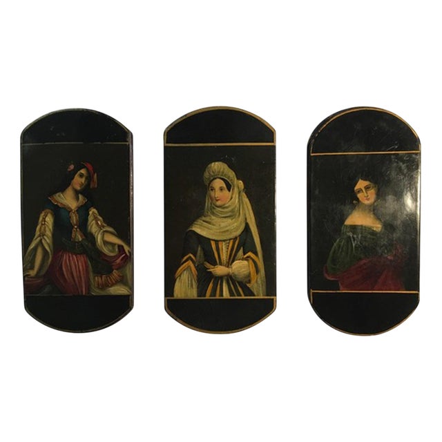 Mid-18th Century Wood Lacquered Boxes with Portraits, Set of 3 For Sale
