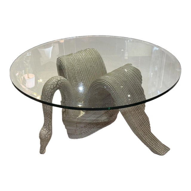 Vintage Carved Painted Wood Swan Table With Round Beveled Glass Top For Sale