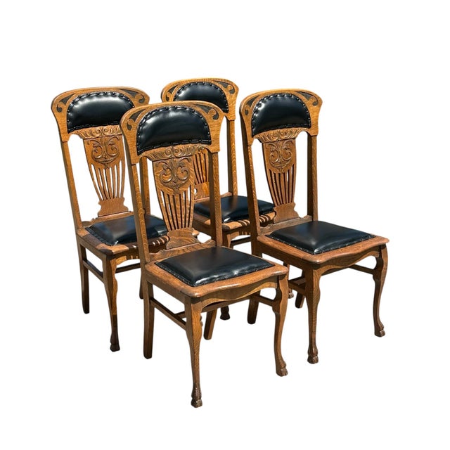 Antique Victorian Set of Six Tiger Oak Dining Chairs Leather Seats & Headrests For Sale - Image 4 of 12