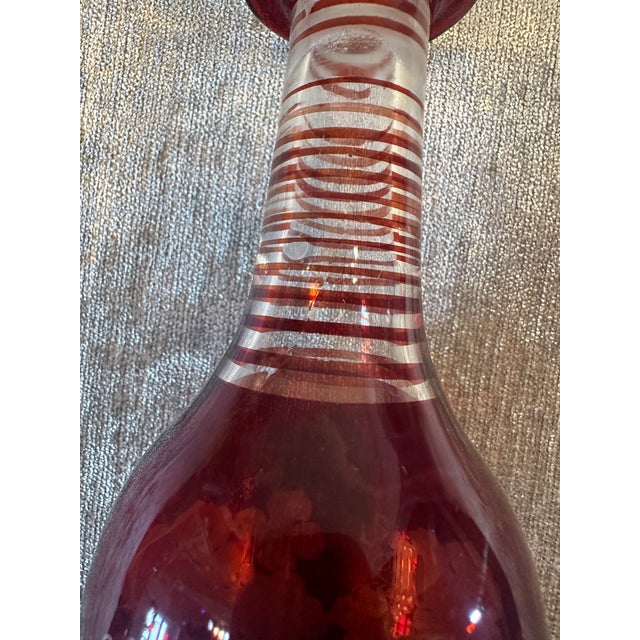 Red Antique Red Cranberry Glass & White Etched Grapes & Leaves Oil/Vinegar Cruet/ Bottle For Sale - Image 8 of 10