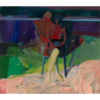 Evening Lawn by Hiroshi Sato | Oil on Canvas Figure seated on a lawn with another figure in the background. For Sale