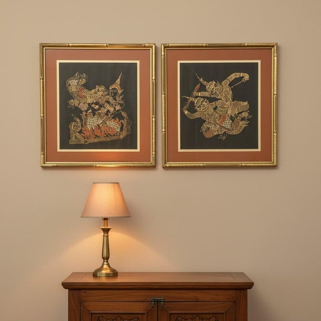 Chinoiserie Vintage Thai Silk Paintings-Pair-Ramakien-Thailand Framed Asian Art-Mythology For Sale - Image 3 of 10