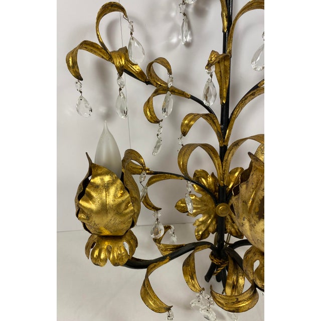 Large Pair French Gold & Rock Crystal Flower Sconces For Sale - Image 9 of 14