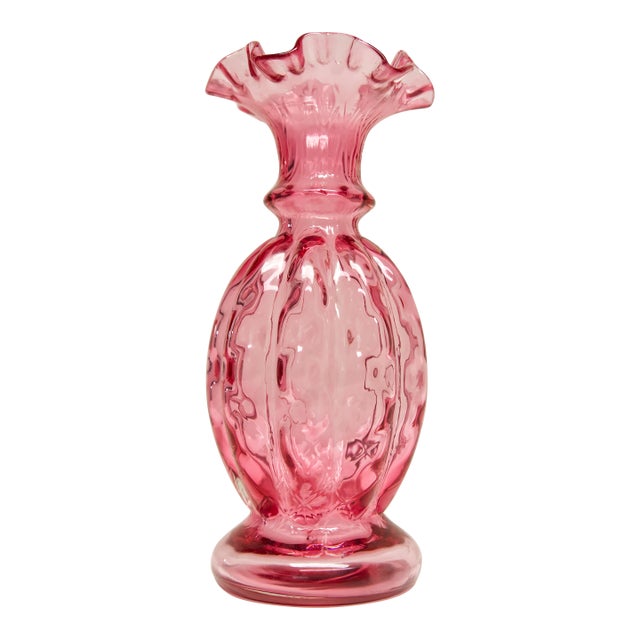 Fenton Diamond Optic Cranberry Ruby Glass Vase For Sale