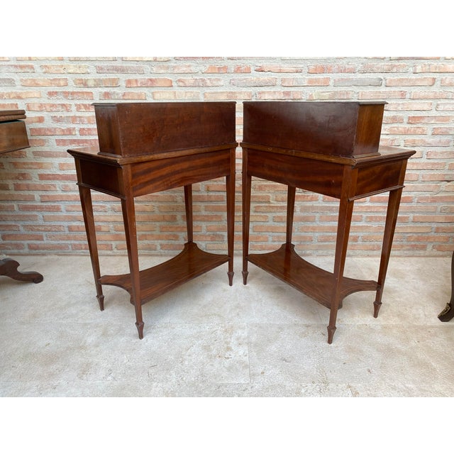 1940s Pair of Neoclassical Marquetry Bedside Tables With Drawers and Upper Compartment For Sale - Image 11 of 18