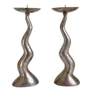 Late 20th Century Silver Patina Squiggle Candle Holders- a Pair For Sale
