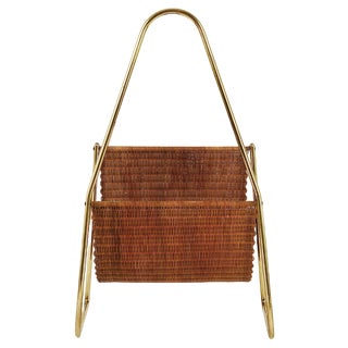 Mid-Century Magazine Rack in Brass and Woven Cane in the style of Carl Auböck, Austria, 1950s For Sale