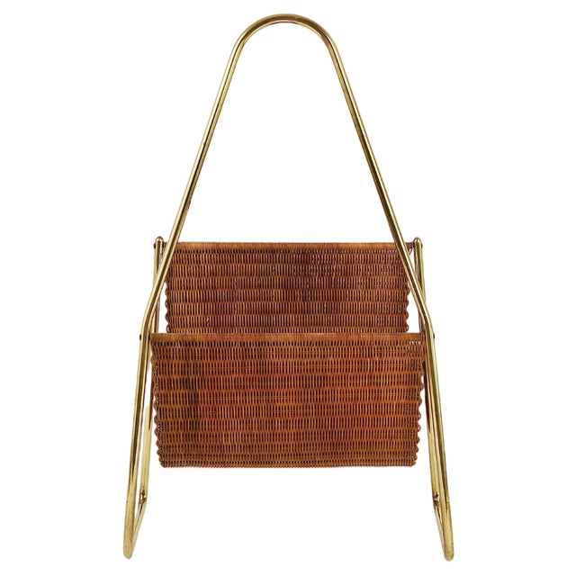 Mid-Century Magazine Rack in Brass and Woven Cane in the style of Carl Auböck, Austria, 1950s For Sale