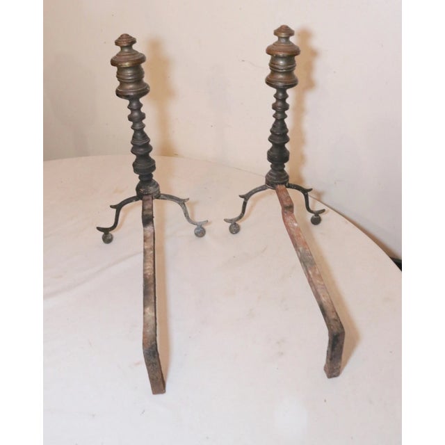 Pair 18th Century Turned Peened Brass Wrought Iron Georgian Andirons 1700's For Sale - Image 12 of 12
