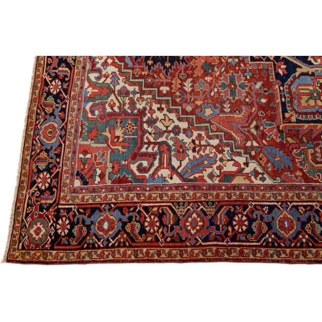Antique Persian Heriz Red Handmade Wool Rug With Medallion Design For Sale - Image 4 of 11