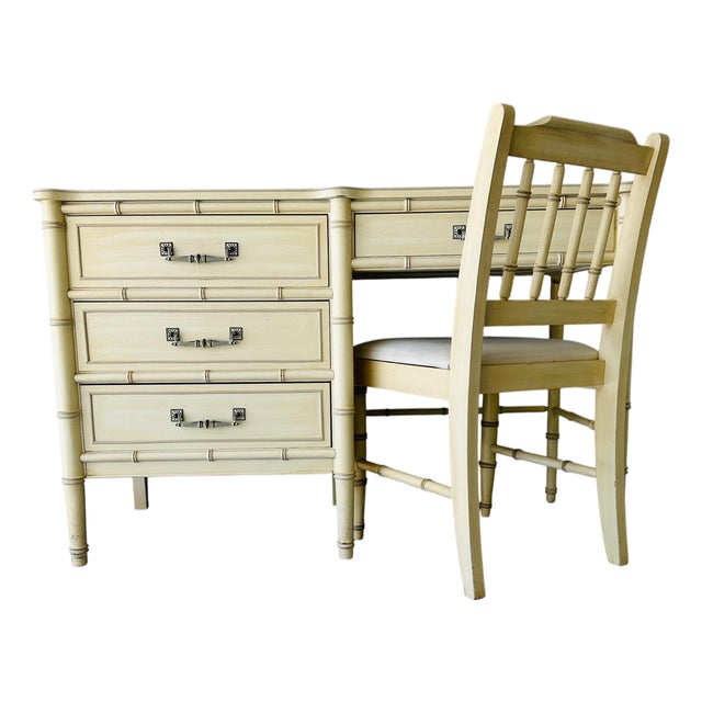 Vintage Henry Link Bali Hai Faux Bamboo Desk & Spindle-Back Chair Set For Sale