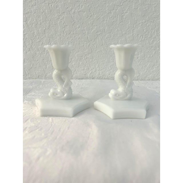 Lovely pair of mid-century Westmoreland white Milk Glass candleholders in a figural Koi Fish motif. Excellent condition.